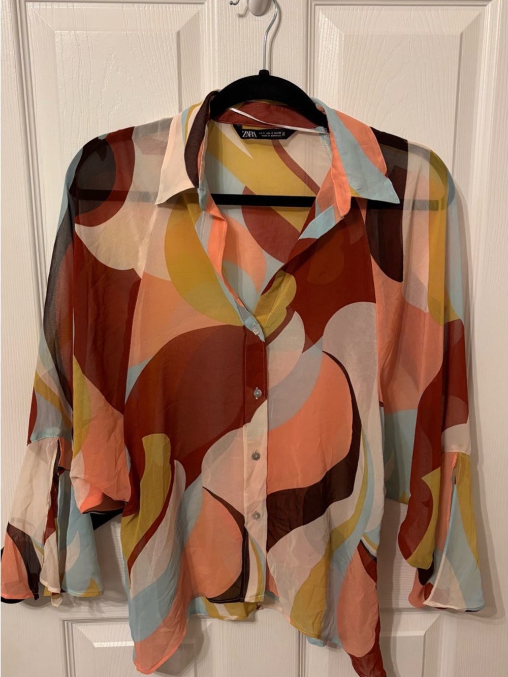 ZARA Sheer Abstract Print Button Down Blouse Size Small Multicolor Retro Chi
